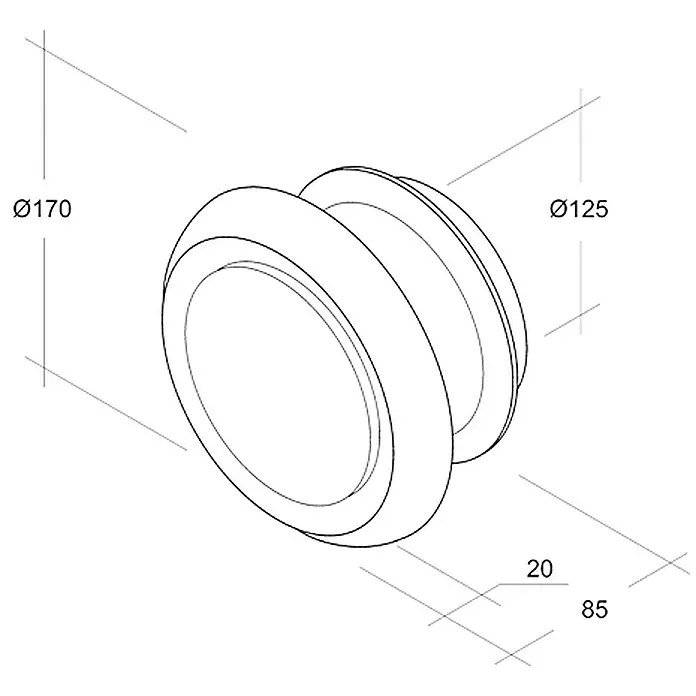 Air-Circle Tellerventil - Durchmesser Anschlussstutzen: 125 mm, Max. Luftleistung: 600 m³/h - Detaillierte Schemazeichnung eines runden, gestuften Knopfes mit Maßangaben.