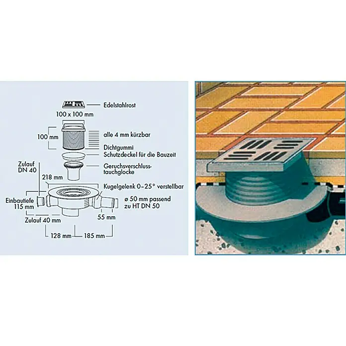 Boden-Deckenablauf - Maße Rost: 100 x 100 mm, Abgang: Waagerecht, Durchmesser Rohranschluss: 50 mm - Darstellung eines Bodenablaufs mit Edelstahlrost, Maßen und Details zu Anschluss und Installation.