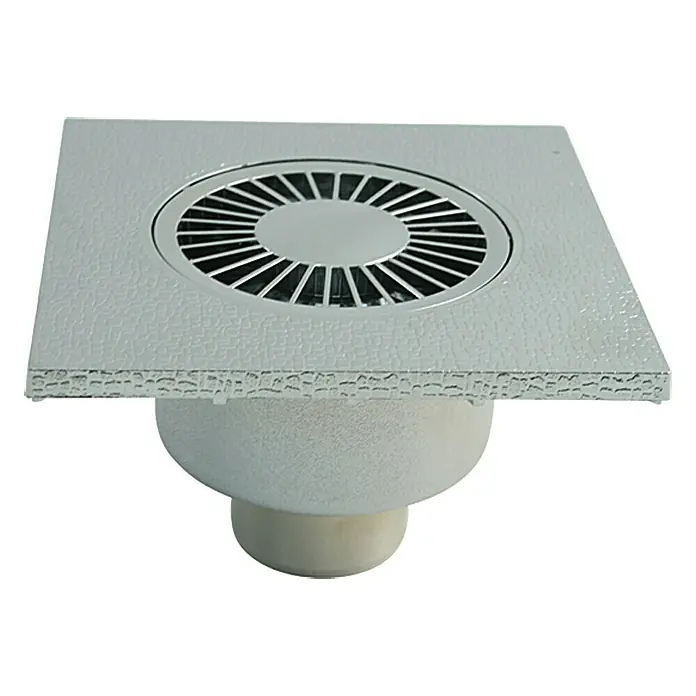 Badablauf - 150 x 150 mm, Abgang: Senkrecht, Durchmesser Rohranschluss: 50 mm - Quadratischer Bodenablauf mit rundem Abdeckrost und feiner Oberflächenstruktur für Badezimmer und Duschen.