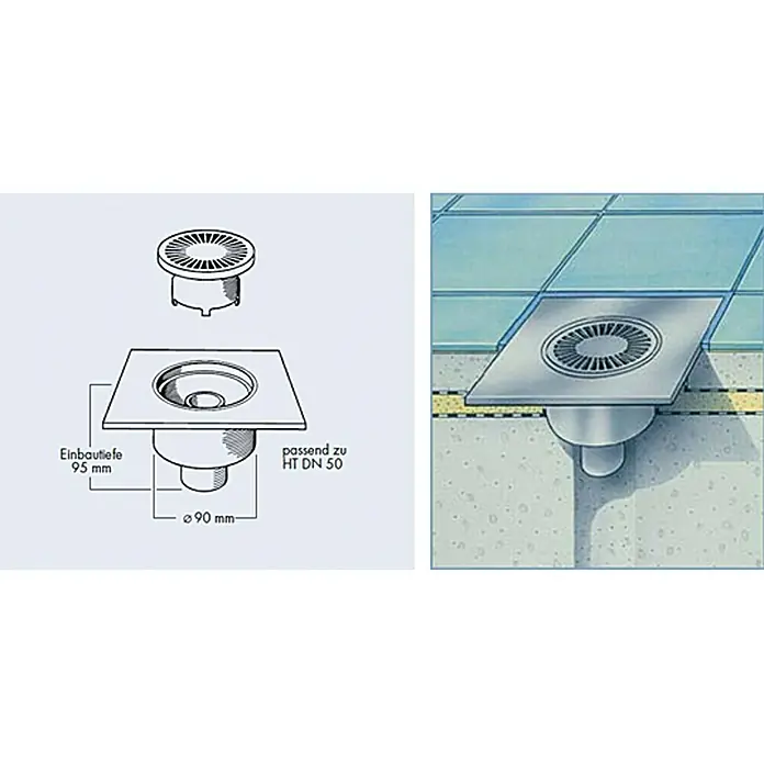 Badablauf - 100 x 100 mm, Abgang: Senkrecht, Durchmesser Rohranschluss: 50 mm - Bild eines quadratischen Edelstahl-Bodenablaufs mit dazugehöriger technischer Zeichnung, die Einbautiefe und Durchmesser zeigt.