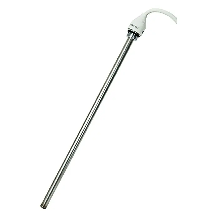 Heizstab - 600 W, Stecker - Das Bild zeigt einen Heizstab mit einem weißen Kabel. Der Heizstab ist silbern und länglich, und dient zum Erwärmen von Flüssigkeiten.