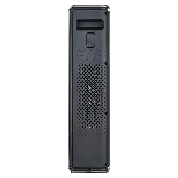 Midea Heizlüfter Dual-Flex - 2.200 W, Grau - Dunkelgraues rechteckiges Gerät mit perforiertem Lüftungsgitter und 'PUSH'-Entriegelung.