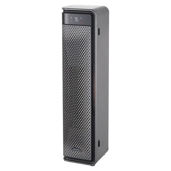 Midea Heizlüfter Dual-Flex - 2.200 W, Grau - Hoher, dunkelgrauer Lufterhitzer/Luftreiniger mit perforierter Metallfront, digitaler '35'-Anzeige und Midea-Logo.