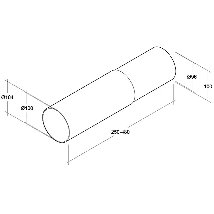 Air-Circle Teleskop-Rundrohr - Durchmesser: 100 mm, 25 cm - 48 cm, Max. Luftleistung: 300 m³/h - Technische Zeichnung eines zweiteiligen zylindrischen Produkts mit Maßangaben zu Durchmesser und Länge.