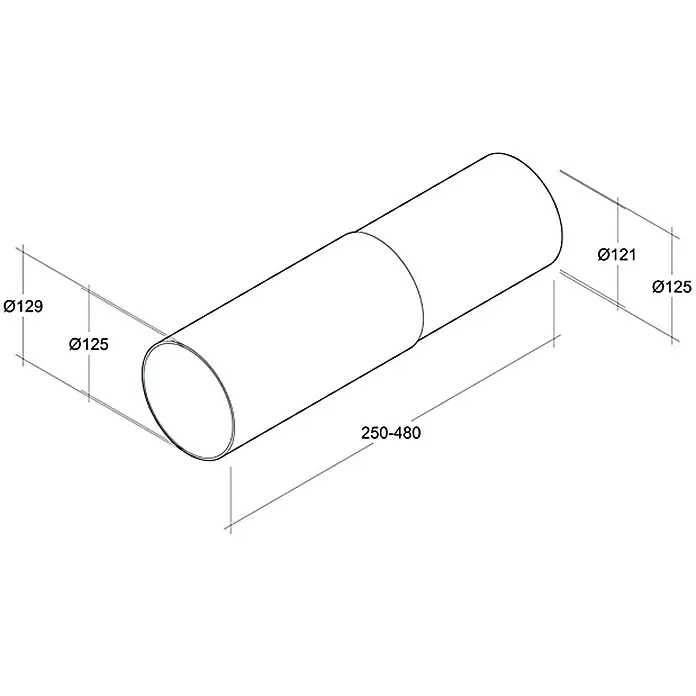 Air-Circle Teleskop-Rundrohr - Durchmesser: 125 mm, 25 cm - 48 cm, Max. Luftleistung: 600 m³/h - Produktabbildung eines Rohrs mit unterschiedlichen Durchmessern und einer variablen Länge zwischen 250 und 480 mm.
