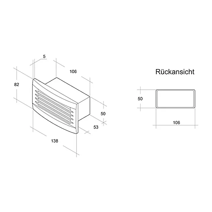 Air-Circle Außengitter - Maße Anschlussstutzen: 111 x 54 mm, Weiß, Mit Rückstauklappe - Schematische Darstellung einer Lüftungsanlage mit Größenangaben. Seiten- und Rückansicht mit Maßangaben zur detaillierten Darstellung.