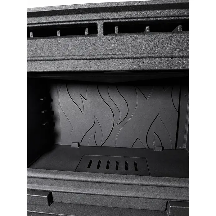 Insert Tracia - L x An x Al: 47 x 70 x 57 cm, 9,3 kW, 230 m³, Antracita - Interior de inserto de chimenea de hierro fundido gris oscuro con panel trasero de llamas, rejilla inferior y ventilaciones superiores.