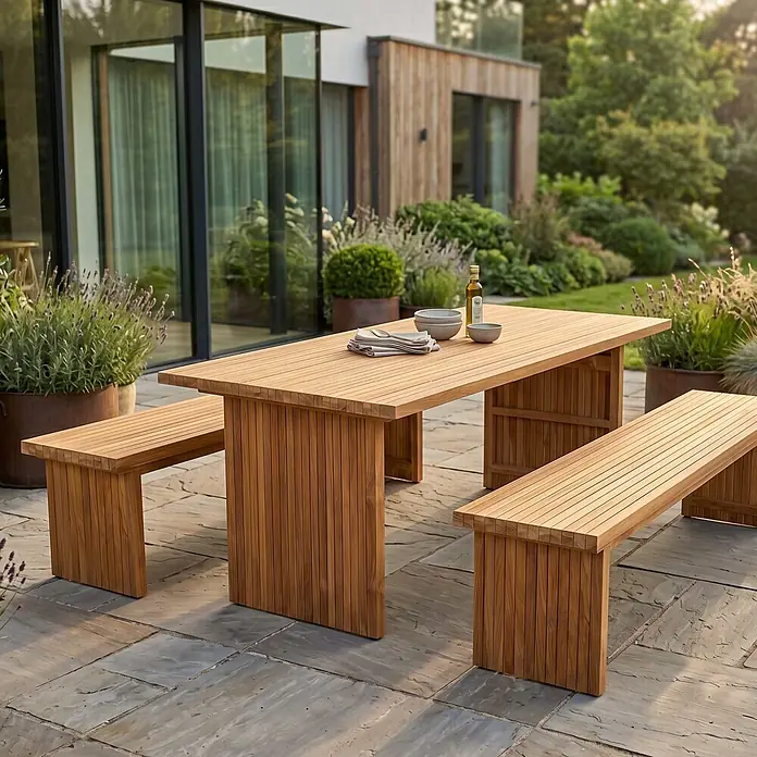 Bene Living Gartentisch-Set - Gesamtumfang: 3 -tlg., L x B x H: 100 x 180 x 74 cm, Ø x H: 100 x 74 cm, Teakholz