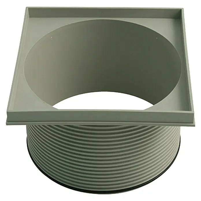 Aufsatzstück - 150 x 150 x 100 mm - Das Bild zeigt einen grauen Übergangsrahmen für Rohre, der eine quadratische Basis mit einem runden Durchgang kombiniert. Perfekt für Lüftungs- oder Sanitärinstallationen.