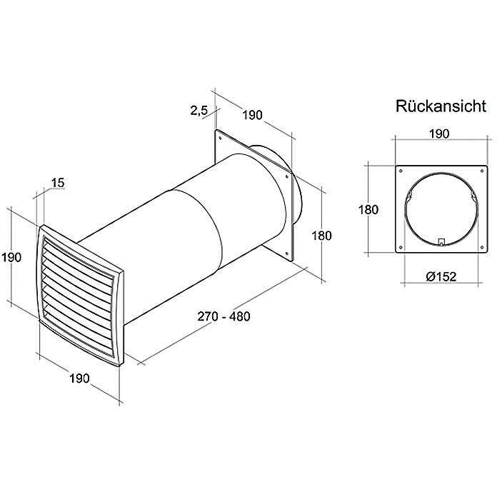 Air-Circle Teleskop-MauerkastenDurchmesser Anschlussstutzen: 150 mm, Verstellbar: 33 - 58 cm, Max. Luftleistung: 600 m³/h Left Side View