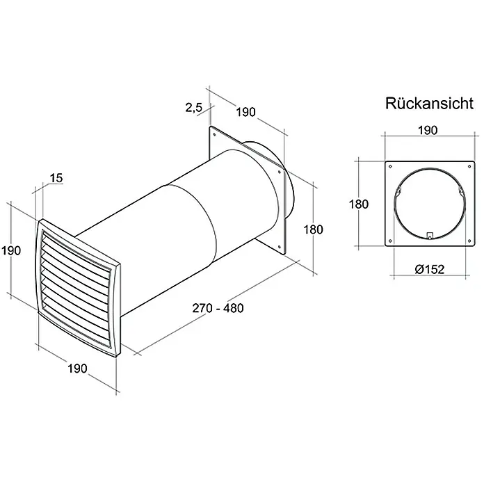 Air-Circle Teleskop-Mauerkasten - Durchmesser Anschlussstutzen: 150 mm, Verstellbereich: 33 cm - 58 cm, Max. Luftleistung: 600 m³/h - Technische Zeichnung eines Abluftgitters mit Maßen, Ansichten und Details zur Installation.