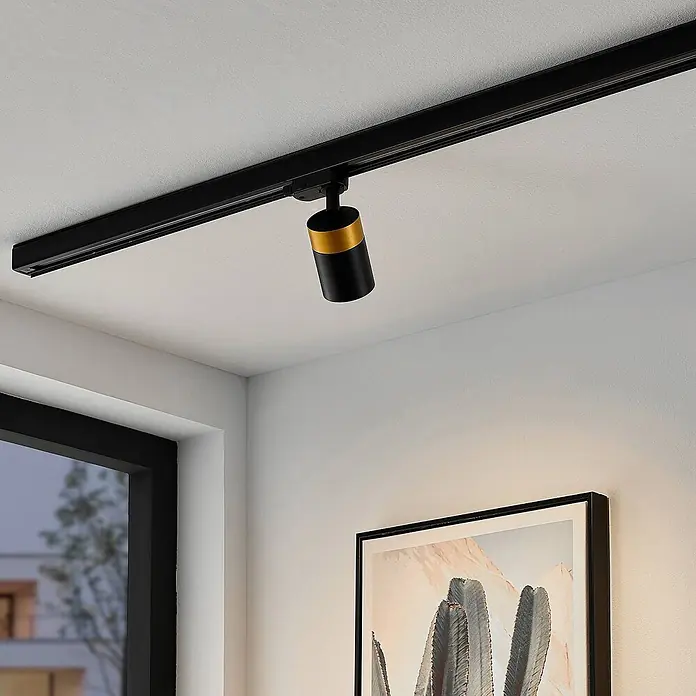 Arcchio LED-Spannseilsystem Nikora - schwarz, schwarz - Schwarzer Stromschienenstrahler mit goldener Banderole, an der Decke, beleuchtet ein Bild.