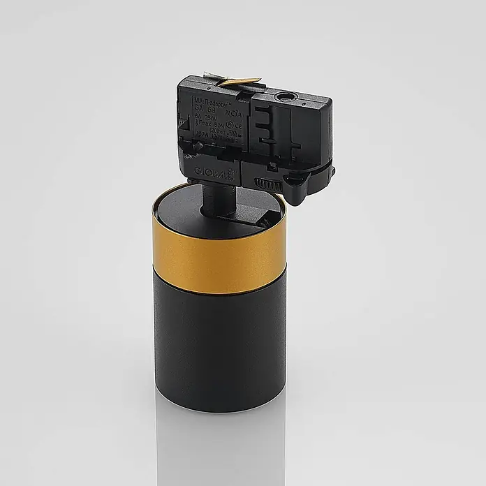Arcchio LED-Spannseilsystem Nikora - schwarz, schwarz - Schwarzer Stromschienenstrahler mit Goldband und schwarzem Multi-Adapter-Aufsatz.