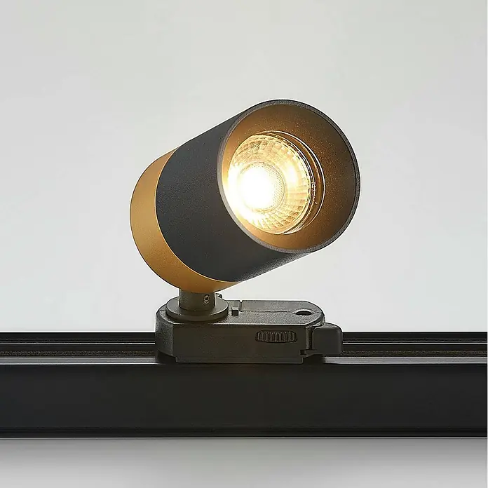 Arcchio LED-Spannseilsystem Nikora - schwarz, schwarz - Schwarzer und goldener Schienenstrahler mit beleuchteter LED-Birne, auf einer schwarzen Schiene montiert.