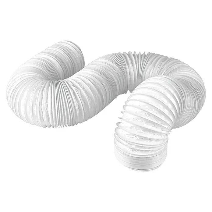 Air-Circle PVC-Schlauch - Ø x L: 100 mm x 1 m, Max. Luftleistung: 300 m³/h - Ein weißer, flexibler Abluftschlauch mit Rippen liegt auf einer weißen Oberfläche. Ideal für Bad oder Küche.