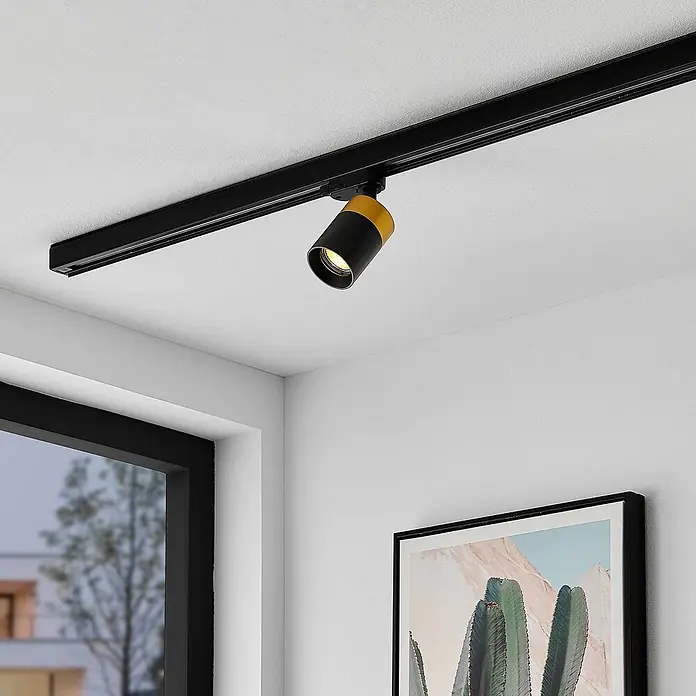 Arcchio LED-Spannseilsystem Nikora - schwarz, schwarz - Schwarzer und goldener Schienenstrahler an einer schwarzen Schiene, der Licht nach unten wirft.