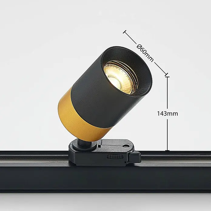 Arcchio LED-Spannseilsystem Nikora - schwarz, schwarz - Schwarz-goldener verstellbarer Stromschienenstrahler, Ø60mm Durchmesser, 143mm Höhe.