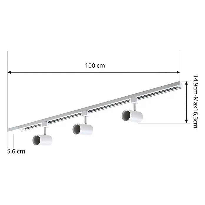 Prios LED-Spannseilsystem Jorell - weiß / opal, weiß / opal - Weißes Schienensystem mit drei zylindrischen Strahlern. Maße: 100 cm Länge, 14,9-16,3 cm Höhe.