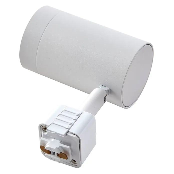 Prios LED-Spannseilsystem Jorell - weiß / opal, weiß / opal - Weißer zylindrischer Stromschienenstrahler mit matter Oberfläche und Stromschienenadapter mit Messingkontakten.