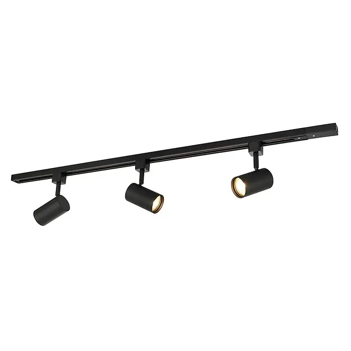 Prios LED-Spannseilsystem Jorell - schwarz, schwarz - Schwarzes Schienenbeleuchtungssystem aus Metall mit drei zylindrischen Strahlern, zwei davon leuchten.