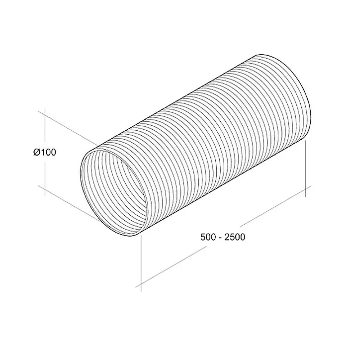 Air-Circle Flexrohr - Aluminium, Ø x L: 100 mm x 2,5 m, Max. Luftleistung: 300 m³/h - Abbildung eines flexiblen Lüftungsschlauchs mit den Maßen Ø100 und einer Länge von 500-2500.