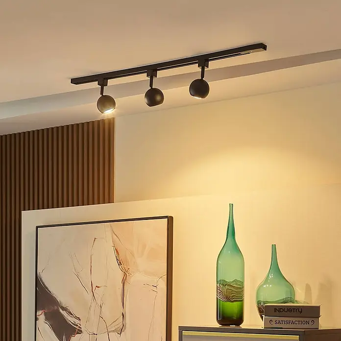 Prios LED-Spannseilsystem Felipo - schwarz, schwarz - Schwarze Stromschiene mit drei kugelförmigen Strahlern, die eine moderne Zimmerdecke beleuchten.