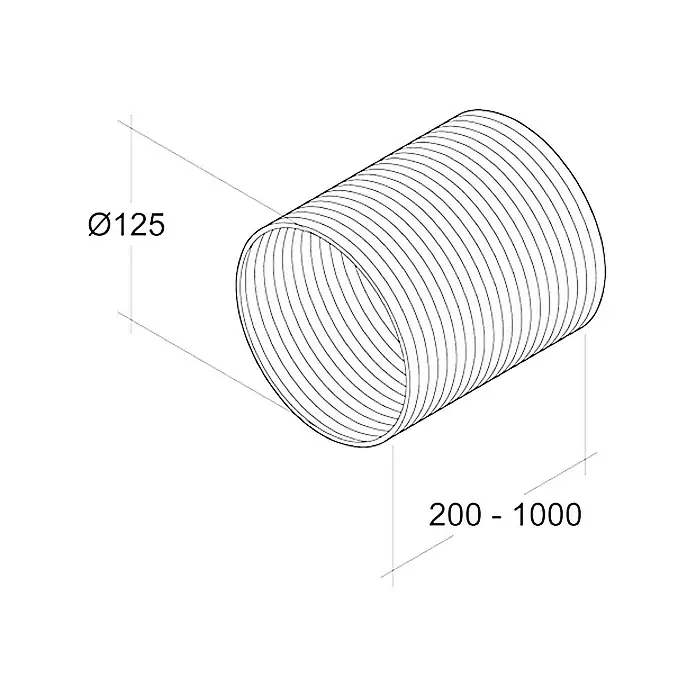 Air-Circle Flexrohr - Aluminium, Ø x L: 125 mm x 1 m, Max. Luftleistung: 600 m³/h - Abbildung eines flexiblen Rohrs mit einem Durchmesser von 125 mm und einer variablen Länge von 200 bis 1000 mm.
