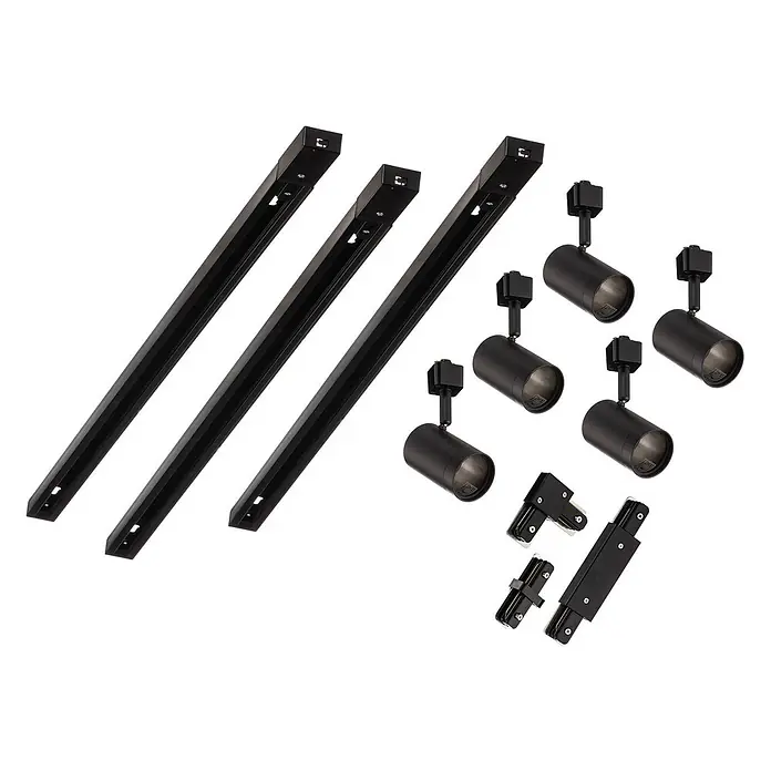 Prios LED-Spannseilsystem Jorell - schwarz, schwarz - Set schwarzer Schienenbeleuchtungskomponenten: drei Schienen, sechs Strahler und diverse Verbinder.