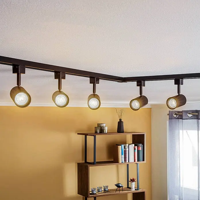 Prios LED-Spannseilsystem Jorell - schwarz, schwarz - Bronzefarbenes Schienensystem mit fünf Strahlern, beleuchtet Raum.