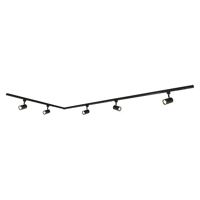 Prios LED-Spannseilsystem Jorell - schwarz, schwarz - Schwarzes L-förmiges Schienensystem mit fünf verstellbaren Strahlern.