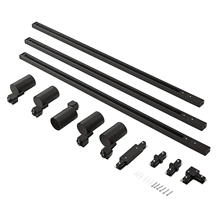Prios LED-Spannseilsystem Jorell - schwarz, schwarz - Schwarzes Stromschienensystem mit drei Schienen, fünf Spots, verschiedenen Verbindern, Schrauben und Dübeln.