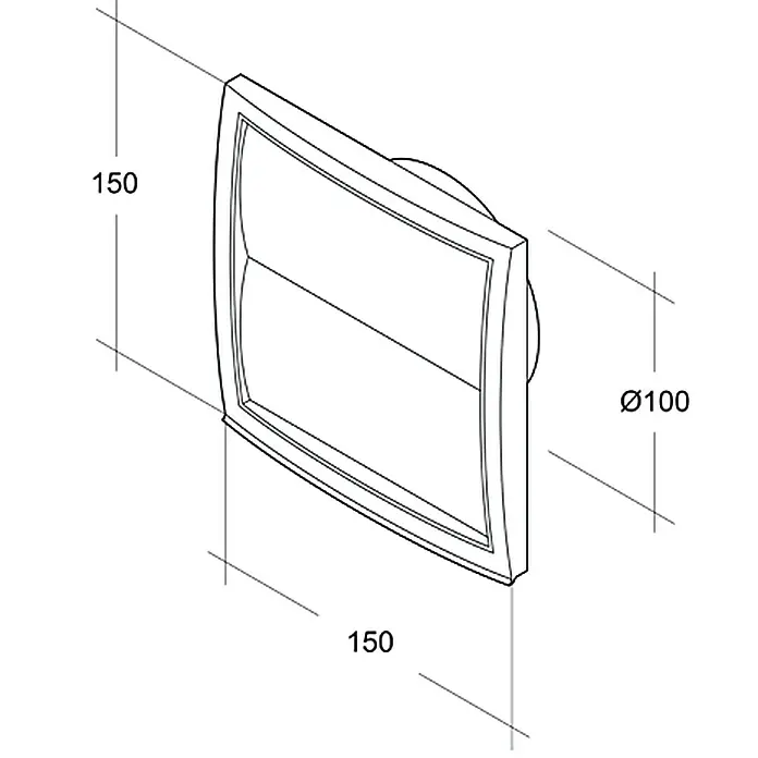 Air-Circle Jalousieklappe - Grau, Durchmesser Anschlussstutzen: 100 mm - Produktbild eines rechteckigen Wandlüfters mit den Maßen 150 x 150 mm und einem Rohrdurchmesser von 100 mm.