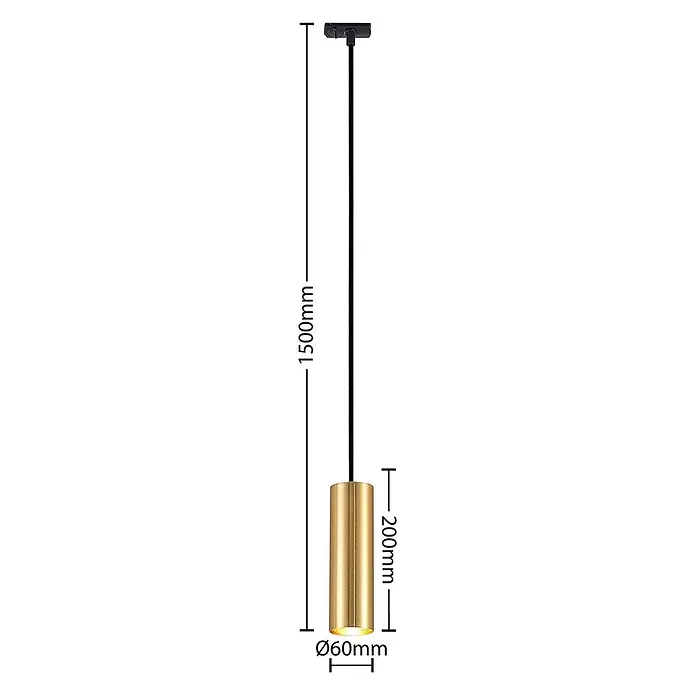Lindby LED-Spannseilsystem Linaro - schwarz, messing / gold - Goldene zylindrische Stromschienen-Pendelleuchte mit schwarzem Kabel, 1500mm lang, 200xØ60mm Körper.