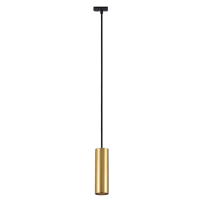 Lindby LED-Spannseilsystem Linaro - schwarz, messing / gold - Goldene zylindrische Pendelleuchte mit langer schwarzer Stange und Stromschienenadapter.