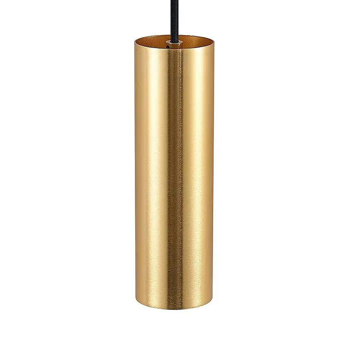 Lindby LED-Spannseilsystem Linaro - schwarz, messing / gold - Zylindrische Pendelleuchte aus gebürstetem Gold mit schwarzem Kabel oben.