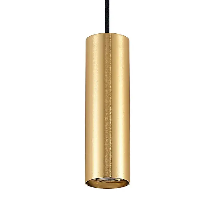 Lindby LED-Spannseilsystem Linaro - schwarz, messing / gold - Zylindrische goldene Pendelleuchte mit gebürsteter Oberfläche, an schwarzem Kabel hängend.