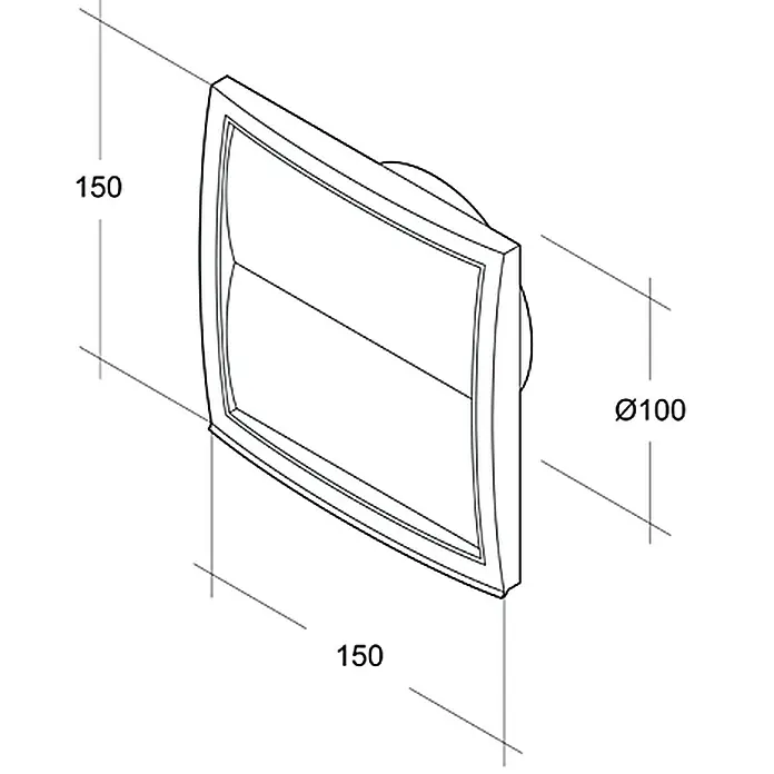 Air-Circle Jalousieklappe - Weiß, Durchmesser Anschlussstutzen: 100 mm - Schematische Darstellung eines quadratischen Wandlüfters mit den Maßen 150x150 mm und einem Ø100 mm Anschluss.