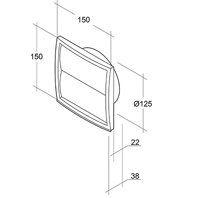 Air-Circle Jalousieklappe - Weiß, Durchmesser Anschlussstutzen: 125 mm - Produktbild einer Abluftklappe mit den Maßen 150 x 150 mm, einem Durchmesser von 125 mm und einer Tiefe von 22/38 mm.