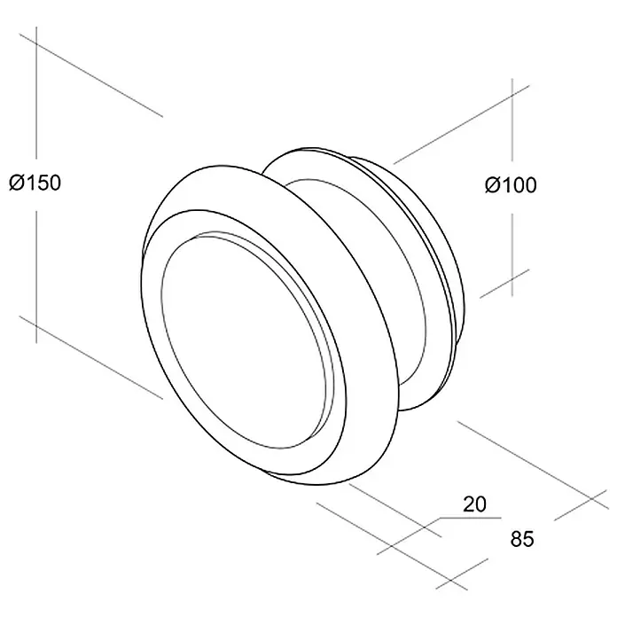 Air-Circle Tellerventil - Durchmesser Anschlussstutzen: 100 mm, Max. Luftleistung: 300 m³/h - Abbildung eines runden Produkts mit den Maßen Ø150 und Ø100, sowie 20 und 85. Ideal für präzise Designs und vielfältige Anwendungen.