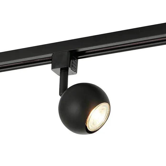 Prios LED-Spannseilsystem Felipo - schwarz, schwarz - Schwarzer kugelförmiger Schienenstrahler mit leuchtender Birne an einer Schiene.