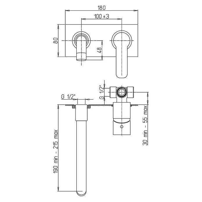 KV Wandmontierte Waschtischarmatur mit Abdeckplatte | Nora -  - Installationsplan einer Unterputz-Duscharmatur mit zwei Bedienelementen und G 1/2"-Anschlüssen.