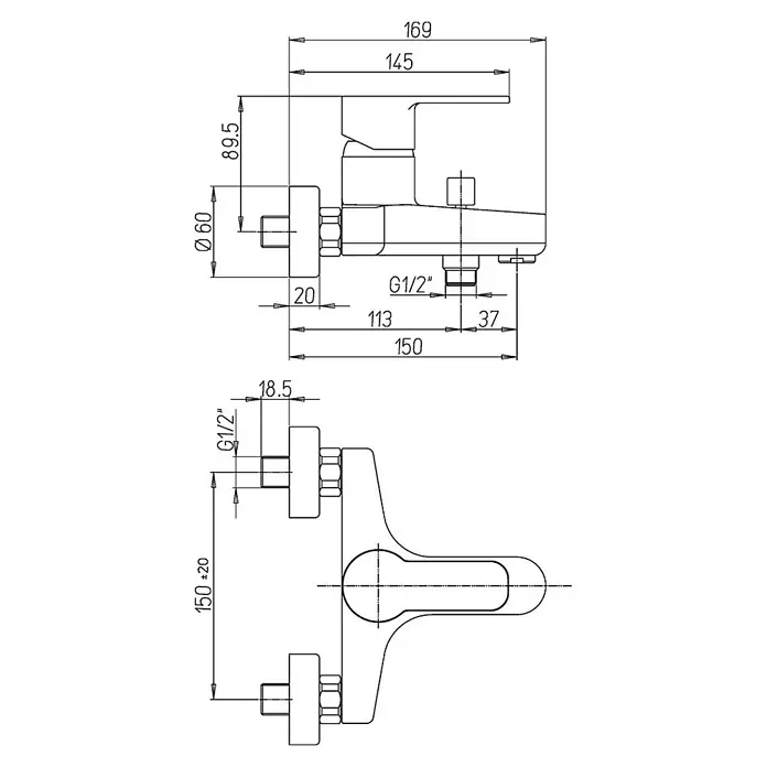 Kiamami Valentina Badewannenarmatur - Silber - Technische Zeichnung eines Wandarmatur, mit Vorder- und Draufsicht, Maßen, G1/2"-Anschlüssen und 150±20mm Befestigungsabstand.