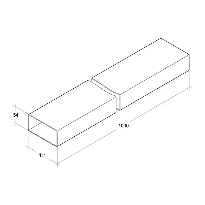 Air-Circle Flachkanal - 100 x 11,1 x 5,4 cm, Max. Luftleistung: 300 m³/h - Isometrische Darstellung eines rechteckigen Hohlprofils mit den Maßen 54 x 111 x 1000 mm.