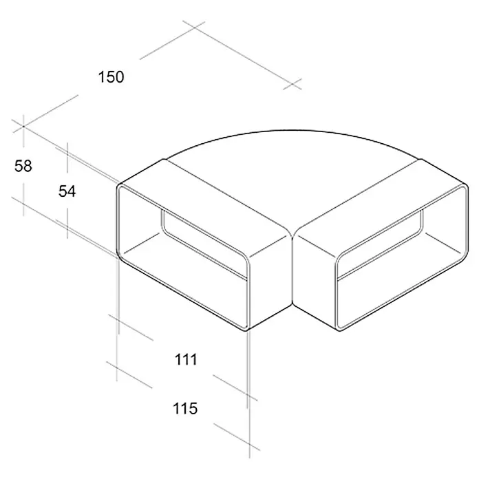 Air-Circle Flachkanal-Bogen - 111 x 54 mm, Waagerecht - Produktbild eines quadratischen Rohrbogens mit Maßangaben, ideal für präzise Installationen und Eckverbindungen im Sanitär- oder Heizungsbereich.
