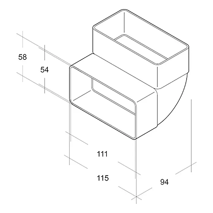 Air-Circle Flachkanal-Bogen - 111 x 54 mm, Senkrecht - Abbildung eines rechteckigen Kanalverbindungsstücks mit Maßangaben. Ideal für Lüftungs- und Klimaanlagen, zeigt präzise Konstruktionsdetails.
