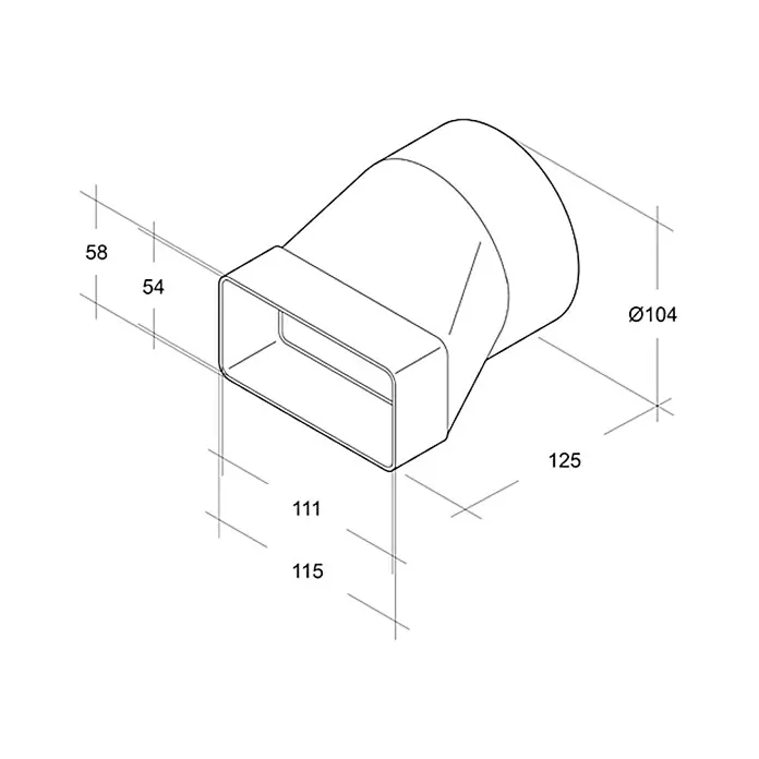 Air-Circle Flachkanal-Übergangsstück - Maße Anschlussstutzen: 111 x 54 mm - Schematische Darstellung eines Rohrverbindungsstücks mit rechteckigem zu rundem Übergang und Maßangaben.