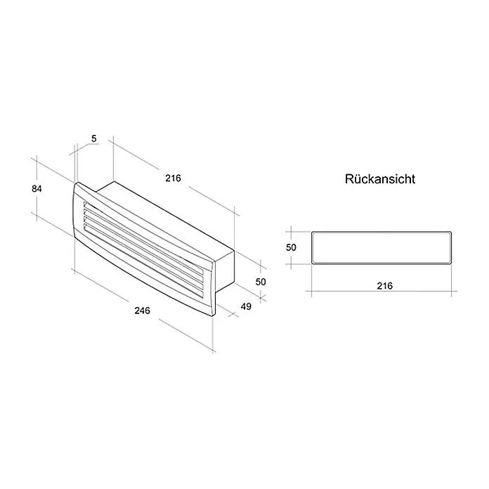 Air-Circle Außengitter - Maße Anschlussstutzen: 220 x 54 mm, Weiß, Mit Rückstauklappe - Technische Zeichnung einer Wandleuchte mit Lüftungsgitter und seitlicher Ansicht. Die Zeichnung zeigt Maße und Details der Leuchte.