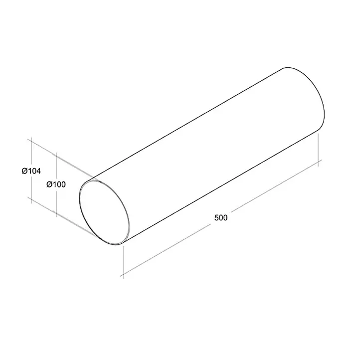 Air-Circle PVC-Rundrohr - Ø x L: 100 mm x 0,5 m, Max. Luftleistung: 300 m³/h - Produktansicht eines zylindrischen Rohrs mit den Maßen Ø104, Ø100 und einer Länge von 500 mm, dargestellt in einer technischen Zeichnung.