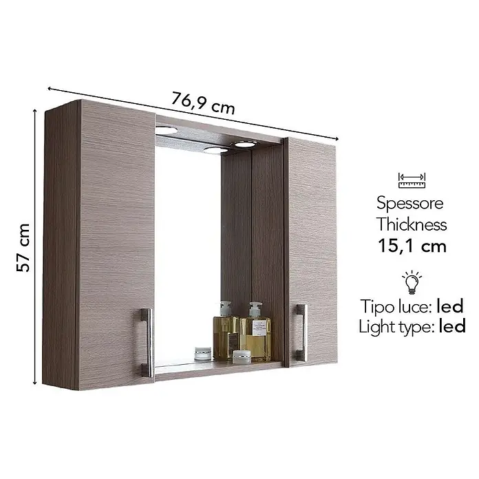 Kiamami Valentina LED-Spiegelschrank - B x H: 155 x 570 cm, Holz, Braun - Badezimmer-Spiegelschrank mit zwei Holzschränken, zentralem Spiegel, integrierter LED-Beleuchtung und Ablage.