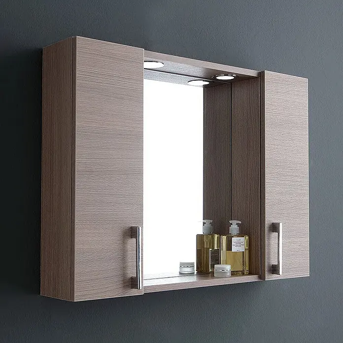 Kiamami Valentina LED-Spiegelschrank - B x H: 155 x 570 cm, Holz, Braun - Badezimmerspiegelschrank in heller Holzoptik mit zwei Türen, integrierten LED-Leuchten und einer unteren Ablage.